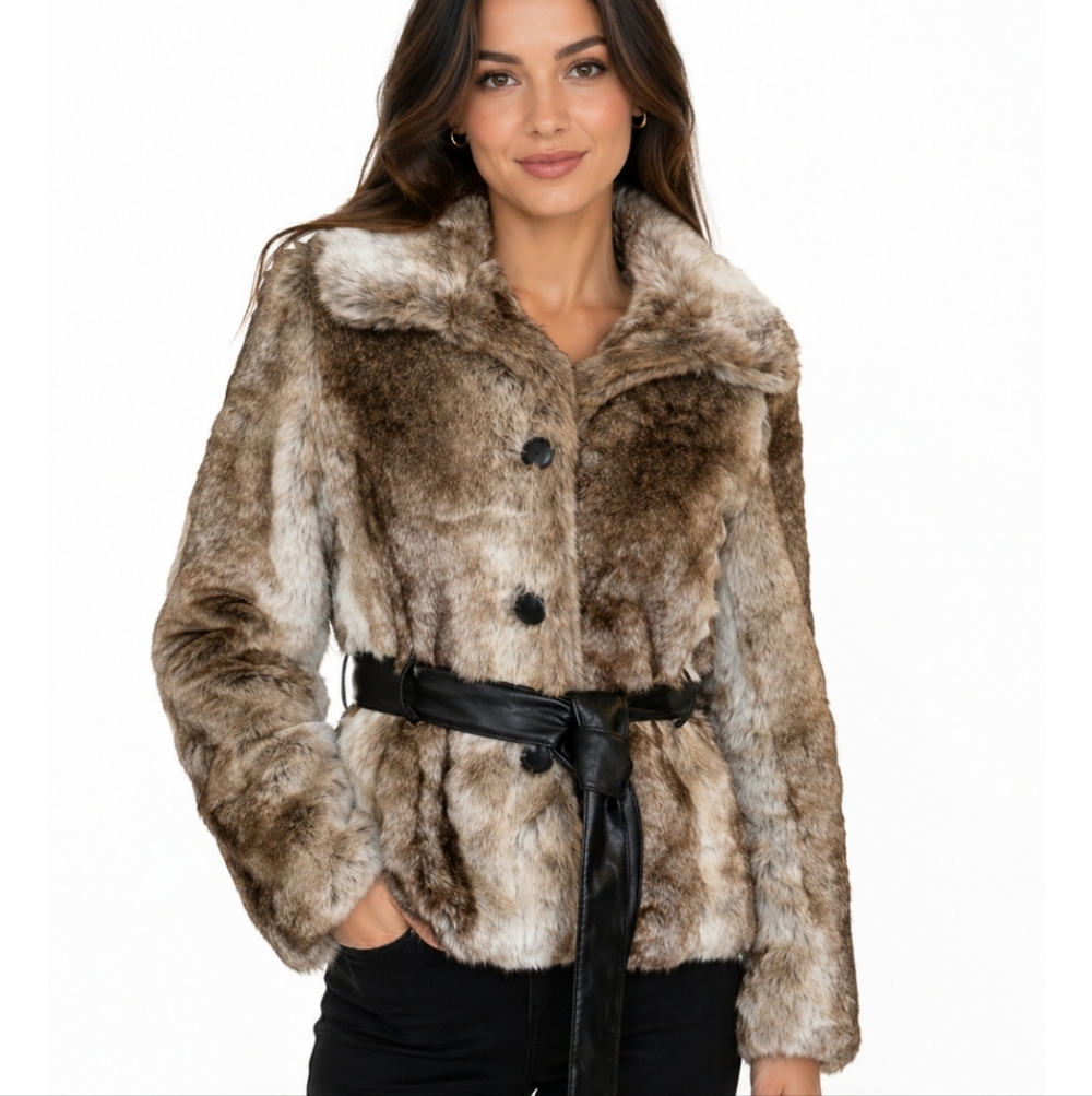 Outer Wear Jacket Mim  Faux fur coat made in France with belt Womens Sz S Browns
